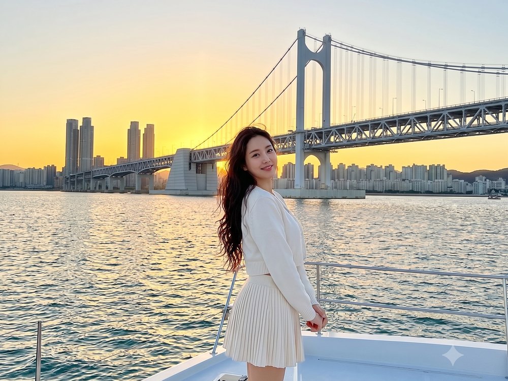 노을 진 광안대교 앞 요트 뱃머리의 손님